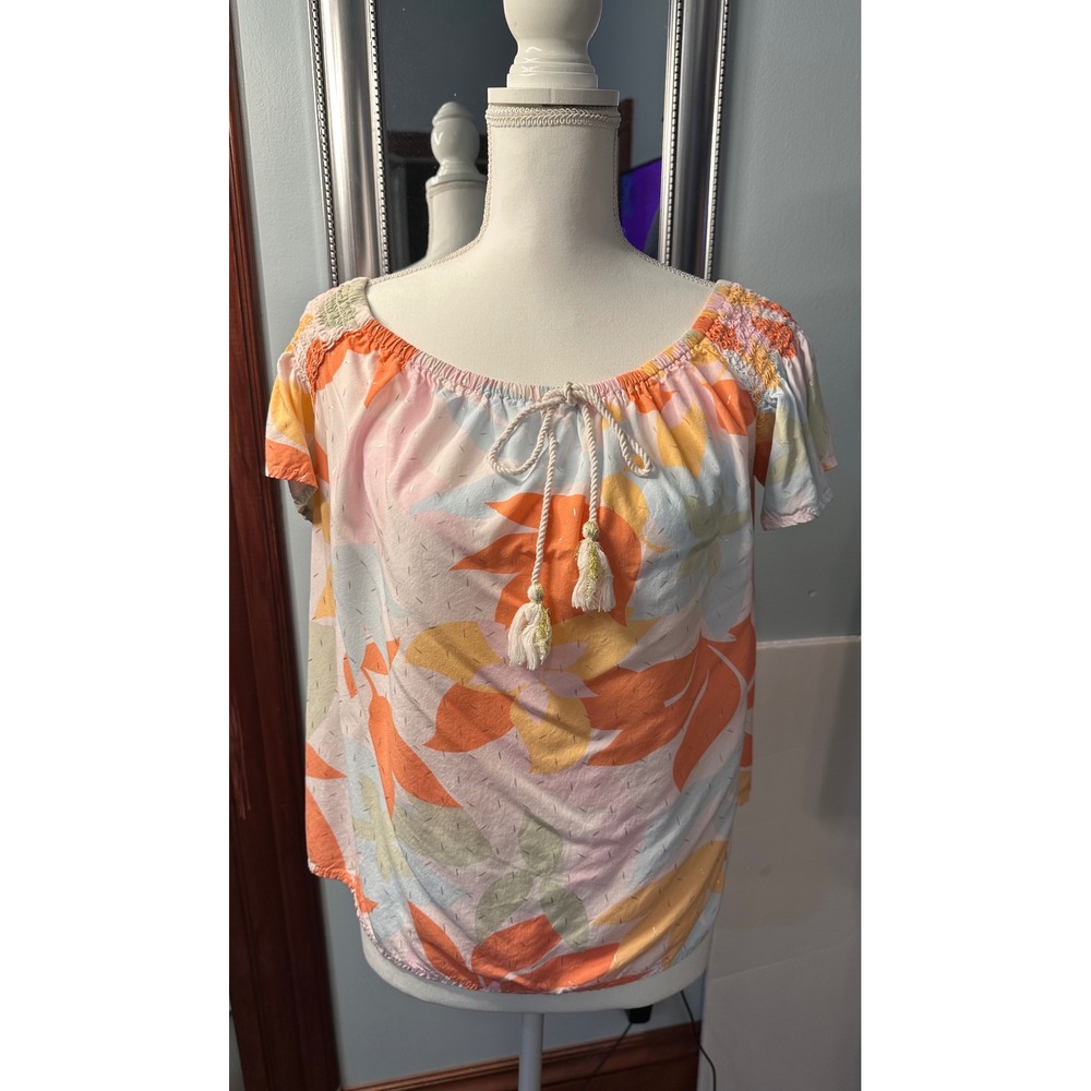 Harve Benard Womens Tropical Floral Tassel Blouse Orange Yellow HBW603 Medium